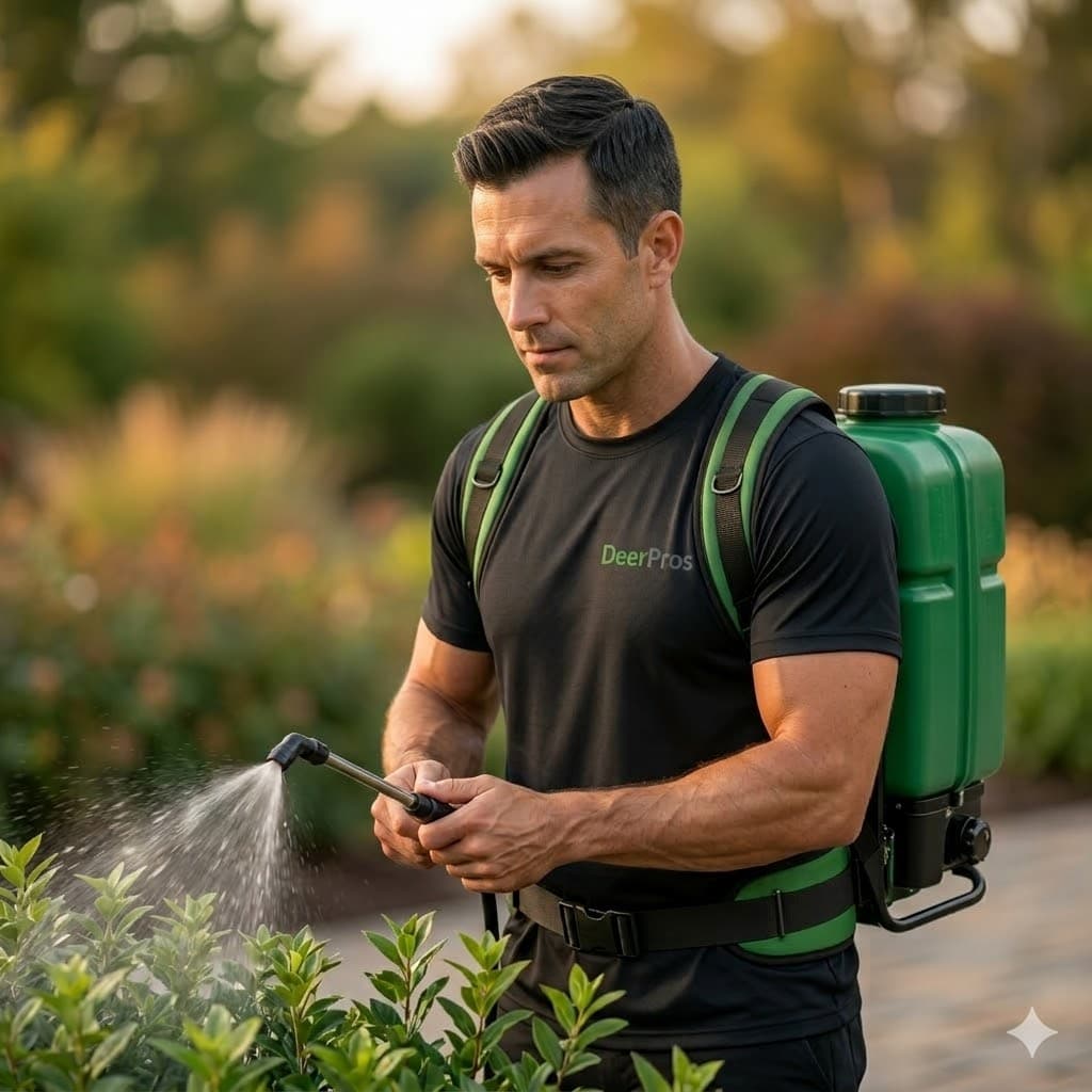 Deer Pros technician applying deer repellent